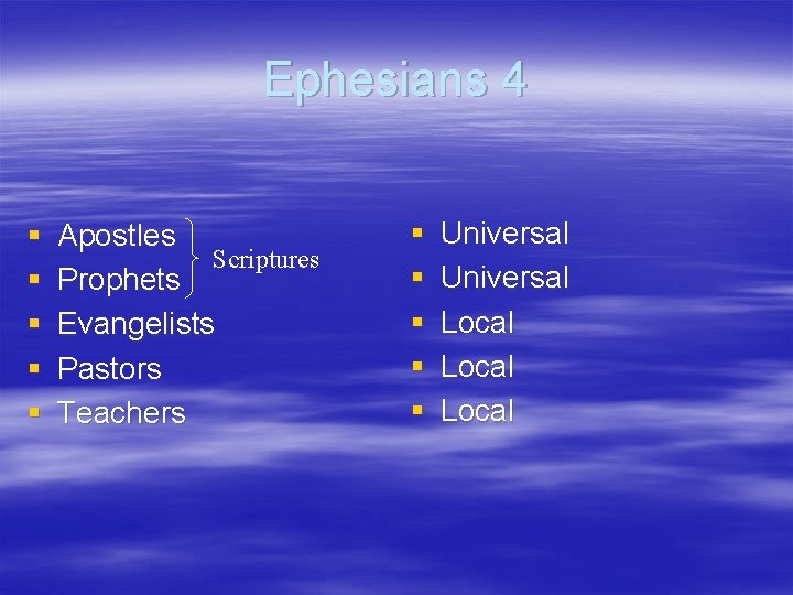 Ephesians 4 § § § Apostles Scriptures Prophets Evangelists Pastors Teachers § § §