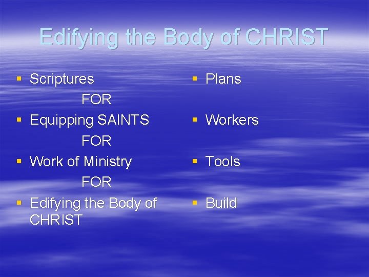 Edifying the Body of CHRIST § Scriptures FOR § Equipping SAINTS FOR § Work