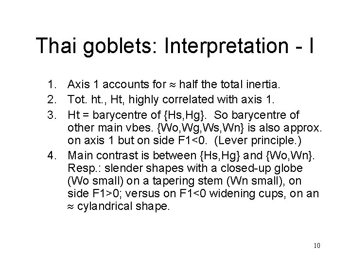 Thai goblets: Interpretation - I 1. Axis 1 accounts for half the total inertia.