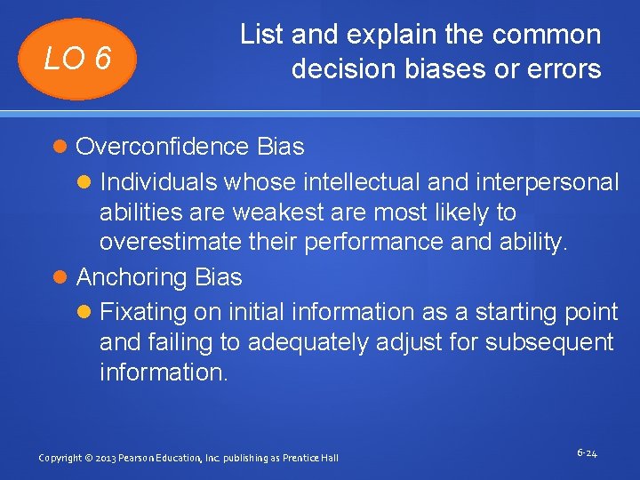 LO 6 List and explain the common decision biases or errors Overconfidence Bias Individuals