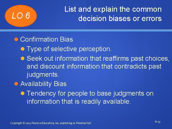 LO 6 List and explain the common decision biases or errors Confirmation Bias Type