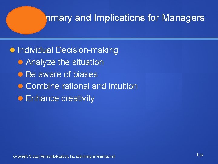 Summary and Implications for Managers Individual Decision-making Analyze the situation Be aware of biases