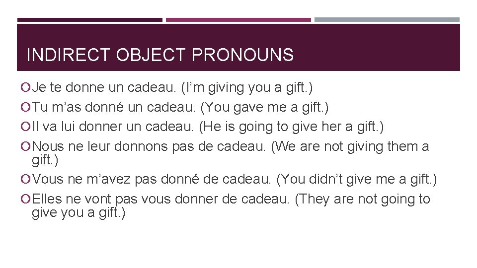 INDIRECT OBJECT PRONOUNS Je te donne un cadeau. (I’m giving you a gift. )