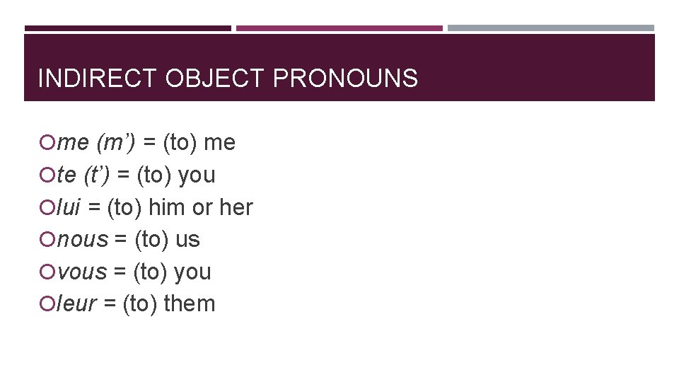 INDIRECT OBJECT PRONOUNS me (m’) = (to) me te (t’) = (to) you lui