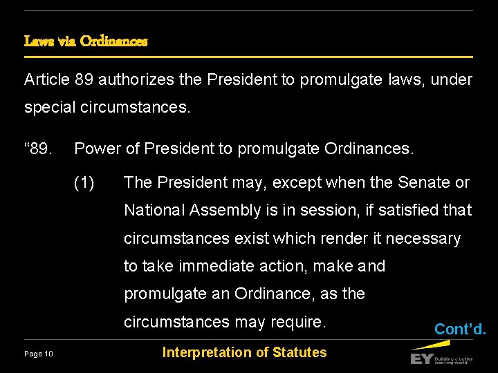 Laws via Ordinances Article 89 authorizes the President to promulgate laws, under special circumstances.