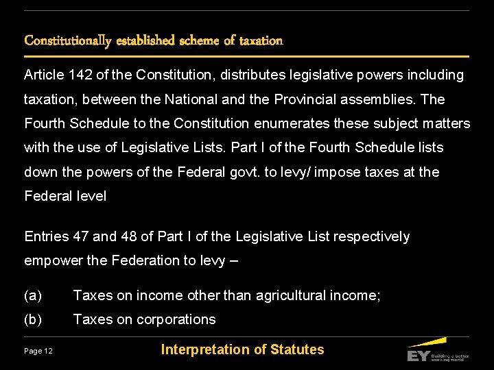 Constitutionally established scheme of taxation Article 142 of the Constitution, distributes legislative powers including