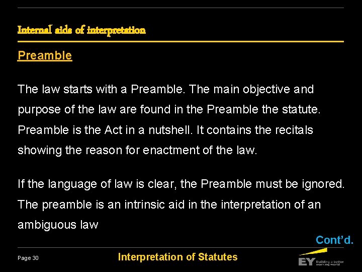 Internal aids of interpretation Preamble The law starts with a Preamble. The main objective