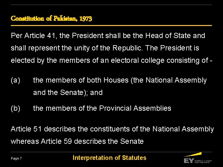 Constitution of Pakistan, 1973 Per Article 41, the President shall be the Head of