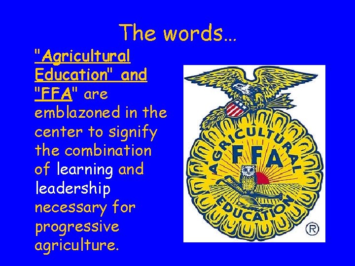The words… "Agricultural Education" and "FFA" are emblazoned in the center to signify the
