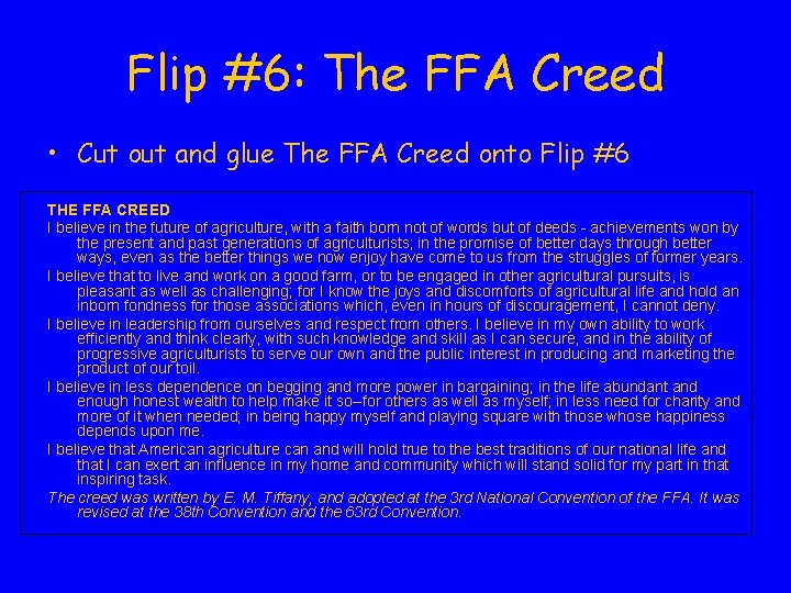 Flip #6: The FFA Creed • Cut out and glue The FFA Creed onto