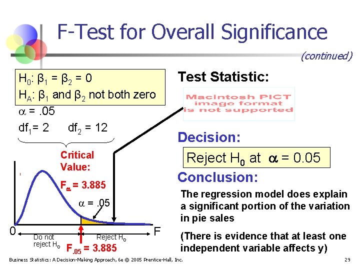 F-Test for Overall Significance (continued) H 0: β 1 = β 2 = 0