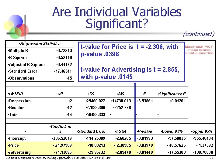 Are Individual Variables Significant? • Regression Statistics • Multiple R • 0. 72213 •
