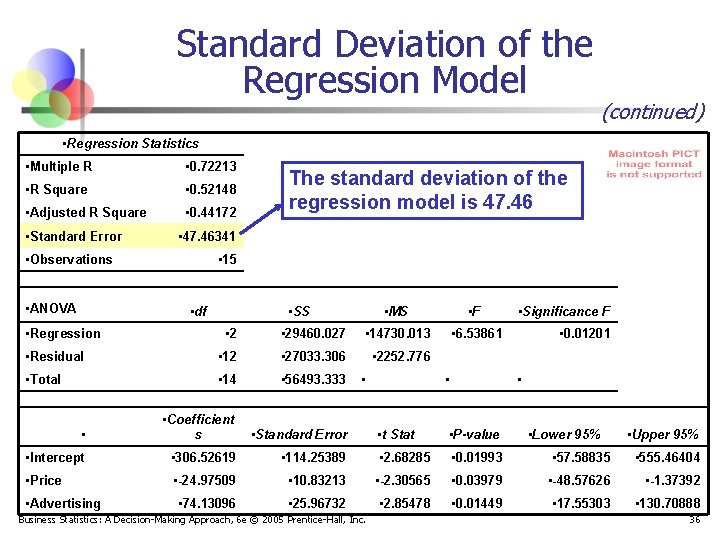 Standard Deviation of the Regression Model (continued) • Regression Statistics • Multiple R •
