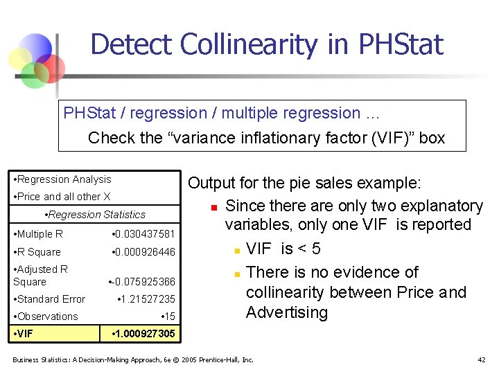 Detect Collinearity in PHStat / regression / multiple regression … Check the “variance inflationary