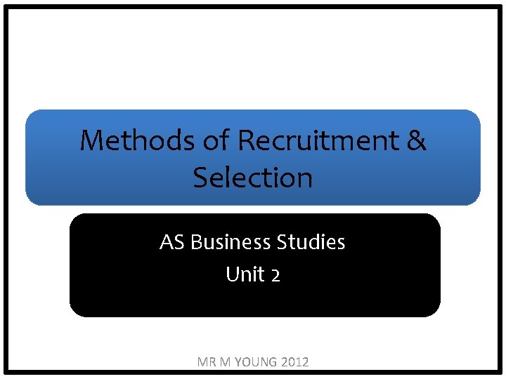 Methods of Recruitment & Selection AS Business Studies Unit 2 MR M YOUNG 2012