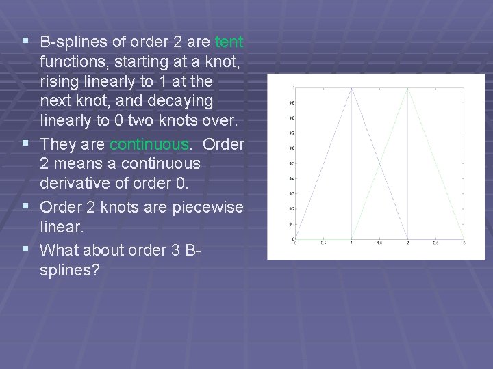 § B-splines of order 2 are tent functions, starting at a knot, rising linearly