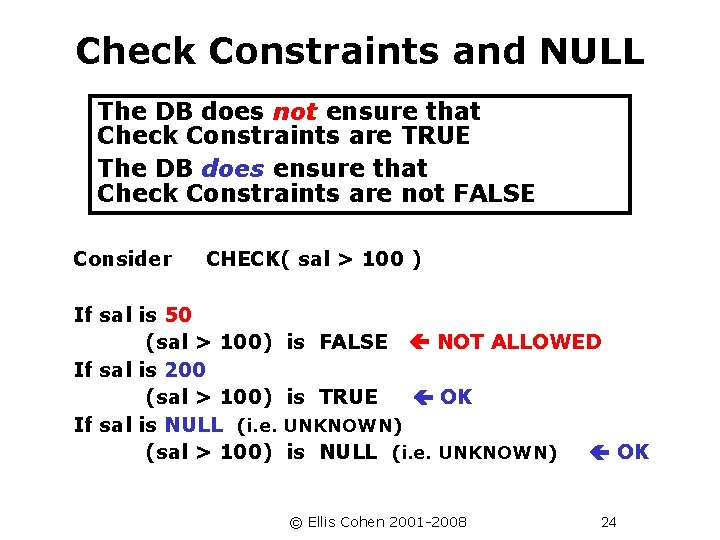 Check Constraints and NULL The DB does not ensure that Check Constraints are TRUE