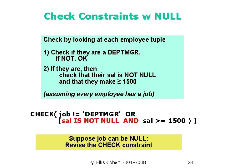 Check Constraints w NULL Check by looking at each employee tuple 1) Check if
