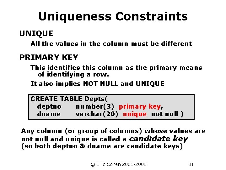 Uniqueness Constraints UNIQUE All the values in the column must be different PRIMARY KEY