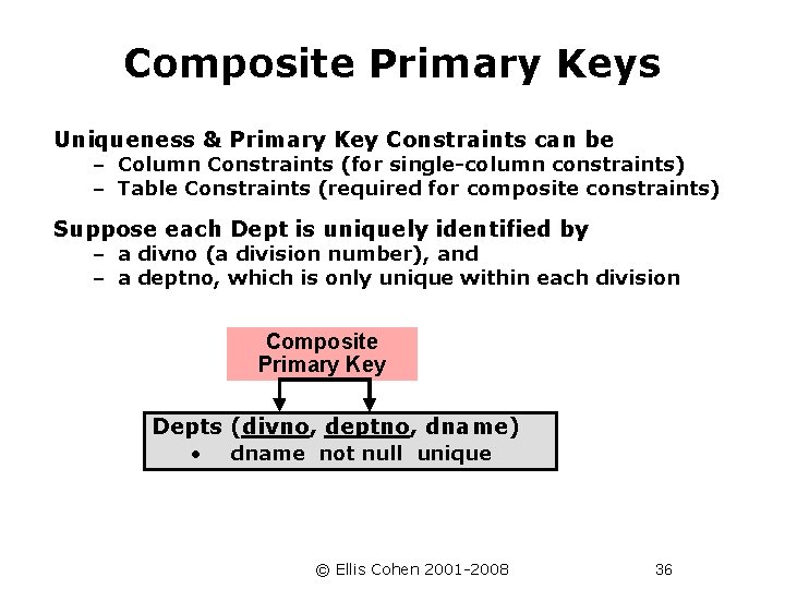 Composite Primary Keys Uniqueness & Primary Key Constraints can be – Column Constraints (for