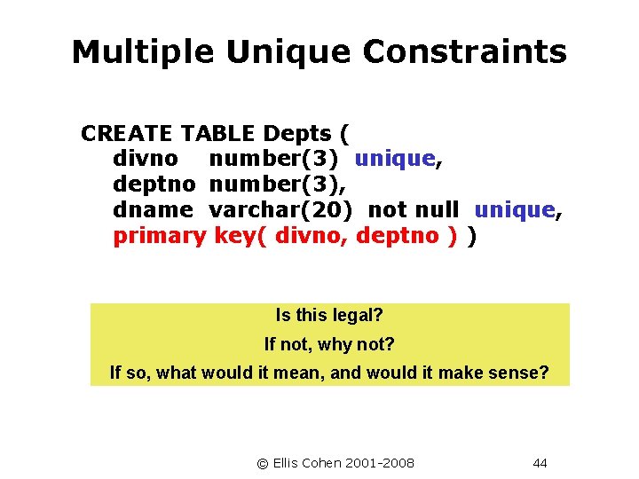 Multiple Unique Constraints CREATE TABLE Depts ( divno number(3) unique, deptno number(3), dname varchar(20)