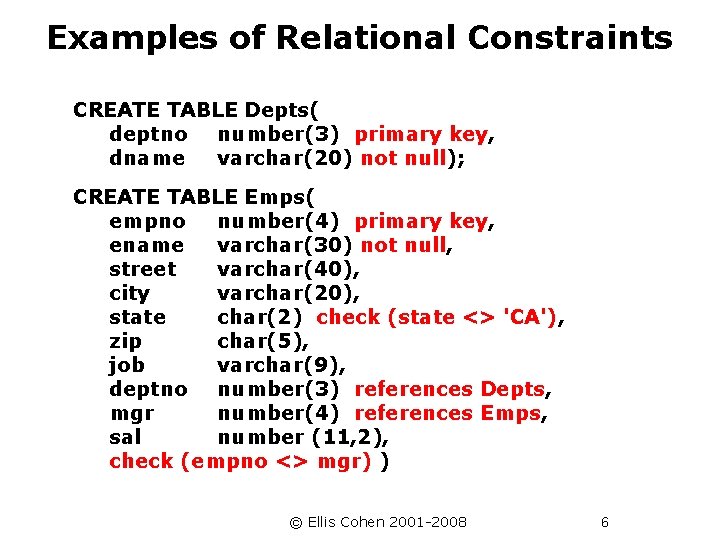 Examples of Relational Constraints CREATE TABLE Depts( deptno number(3) primary key, dname varchar(20) not