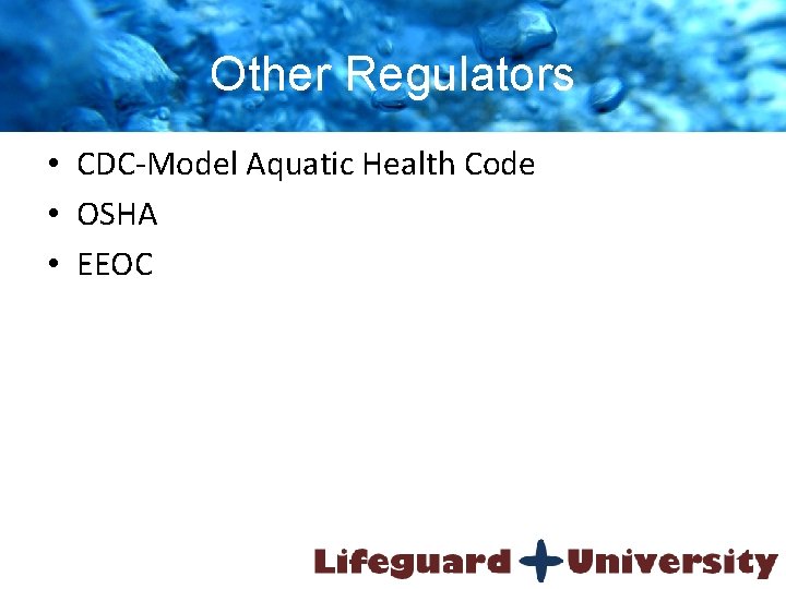 Other Regulators • CDC-Model Aquatic Health Code • OSHA • EEOC 