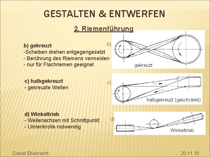 GESTALTEN & ENTWERFEN 2. Riemenführung b) b) gekreuzt -Scheiben drehen entgegengesetzt - Berührung des