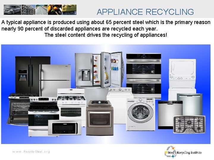 APPLIANCE RECYCLING A typical appliance is produced using about 65 percent steel which is