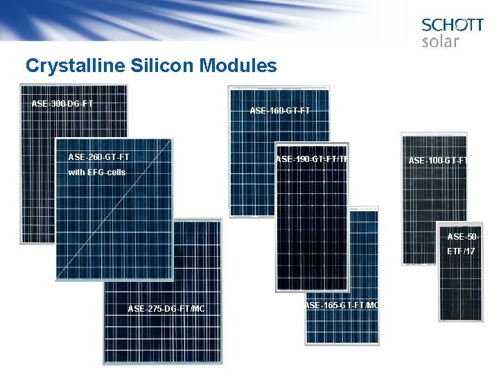 Crystalline Silicon Modules ab 2005: ASE-165 -GT-FT ASE-300 -DG-FT ASE-250 -DG-FT/MC ASE-160 -GT-FT ASE-260