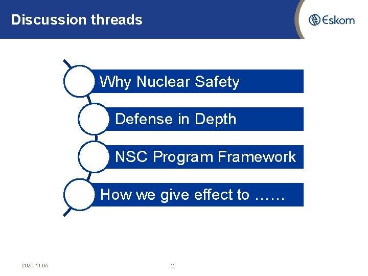 Discussion threads Why Nuclear Safety Defense in Depth NSC Program Framework How we give