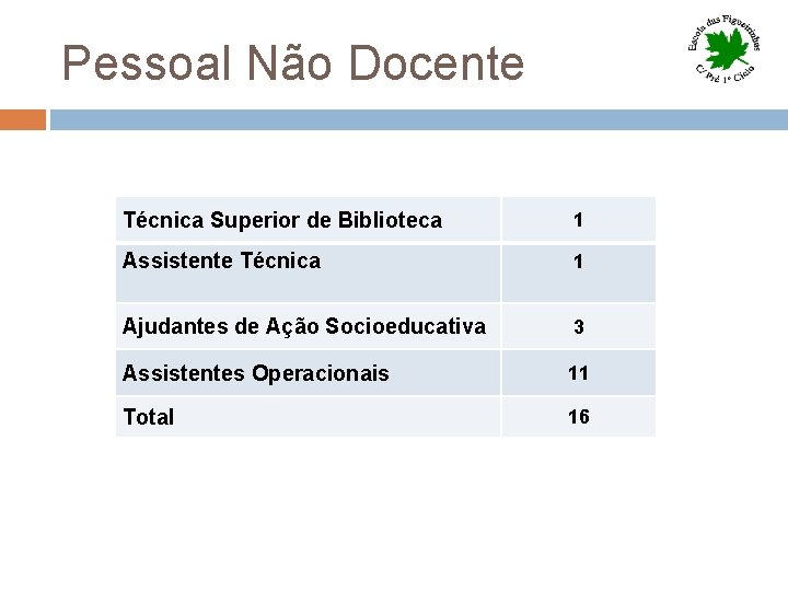 Pessoal Não Docente Técnica Superior de Biblioteca 1 Assistente Técnica 1 Ajudantes de Ação