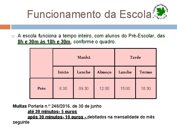  Funcionamento da Escola: A escola funciona a tempo inteiro, com alunos do Pré-Escolar,