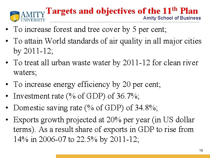 Targets and objectives of the 11 th Plan Amity School of Business • To