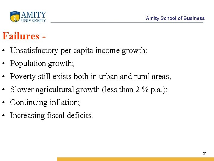 Amity School of Business Failures • Unsatisfactory per capita income growth; • Population growth;