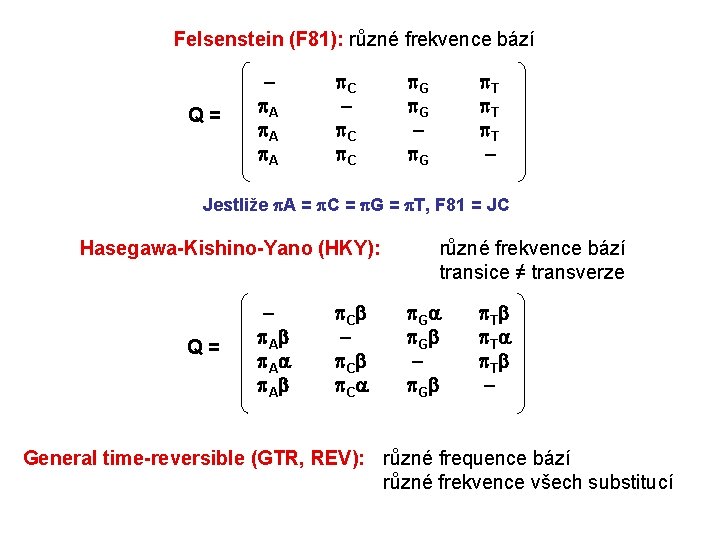 Felsenstein (F 81): různé frekvence bází Q = A A A C C G