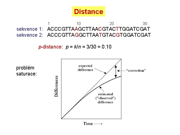 Distance 10 20 30 sekvence 1: ACCCGTTAAGCTTAACGTACTTGGATCGAT sekvence 2: ACCCGTTAGGCTTAATGTACGTGGATCGAT p-distance: p = k/n