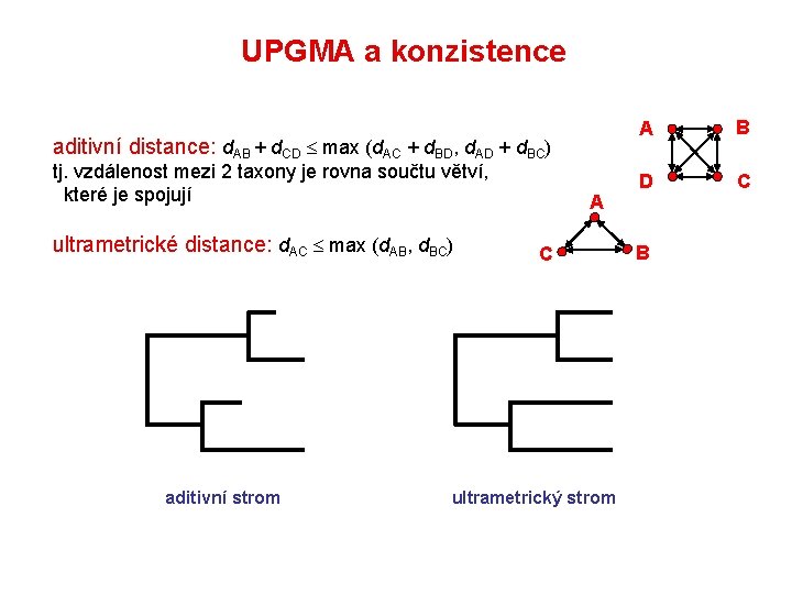 UPGMA a konzistence aditivní distance: d. AB + d. CD max (d. AC +