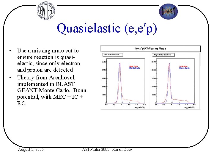 Quasielastic (e, e′p) • Use a missing mass cut to ensure reaction is quasielastic,