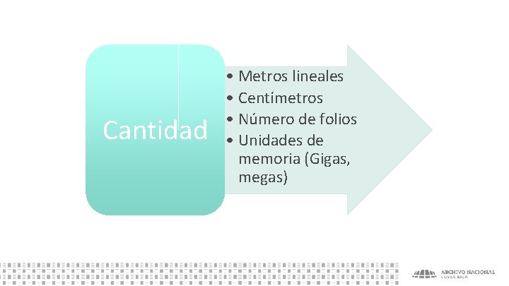 Cantidad • Metros lineales • Centímetros • Número de folios • Unidades de memoria