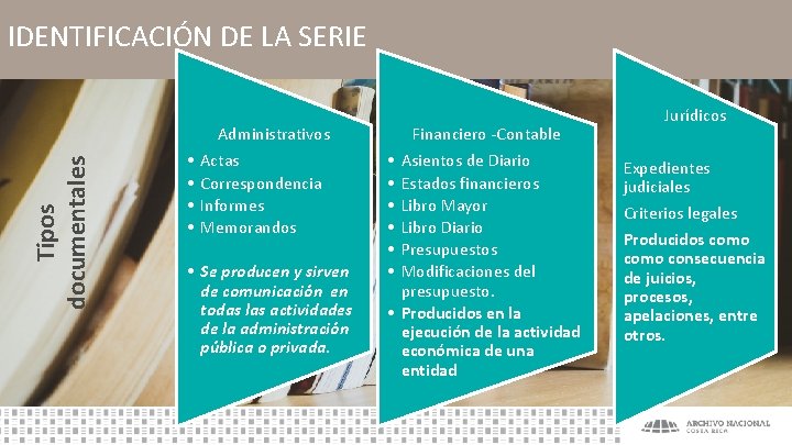 Tipos documentales IDENTIFICACIÓN DE LA SERIE • • Administrativos Actas Correspondencia Informes Memorandos •