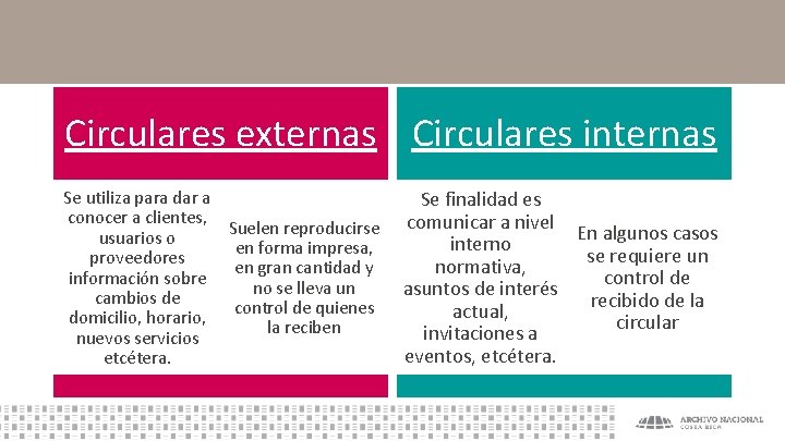 Circulares externas Circulares internas Se utiliza para dar a conocer a clientes, Suelen reproducirse