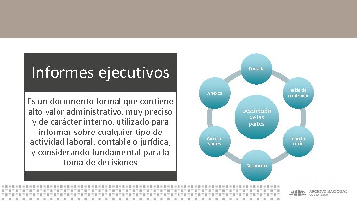 Informes ejecutivos Es un documento formal que contiene alto valor administrativo, muy preciso y