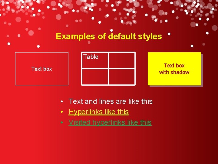 Examples of default styles Table Text box with shadow Text box • Text and