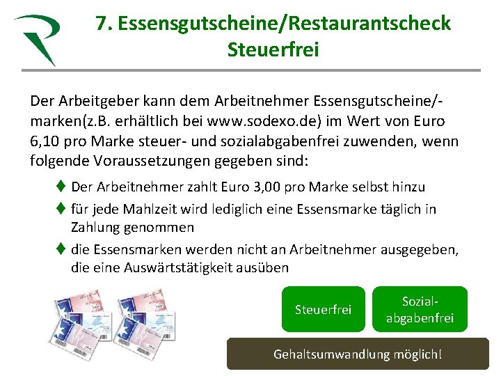 7. Essensgutscheine/Restaurantscheck Steuerkanzlei Röhn Gesunde Beratung für Heilberufe Steuerfrei Sandra Röhn Steuerberaterin Fachberaterin Gesundheitswesen