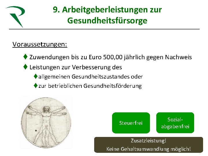 9. Arbeitgeberleistungen zur Steuerkanzlei Röhn Gesunde Beratung für Gesundheitsfürsorge Heilberufe Sandra Röhn Steuerberaterin Fachberaterin