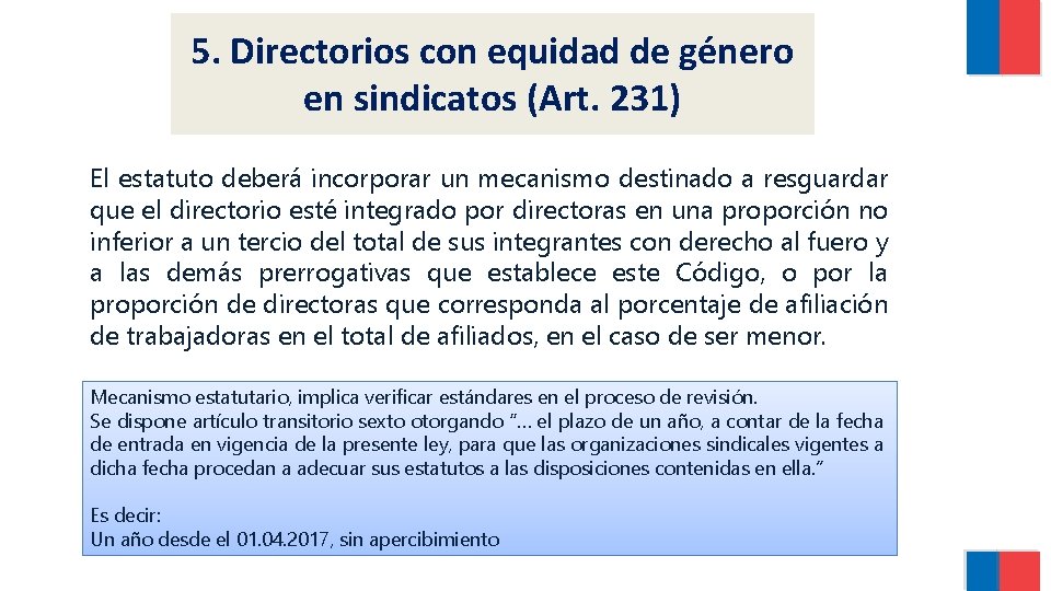 5. Directorios con equidad de género en sindicatos (Art. 231) El estatuto deberá incorporar