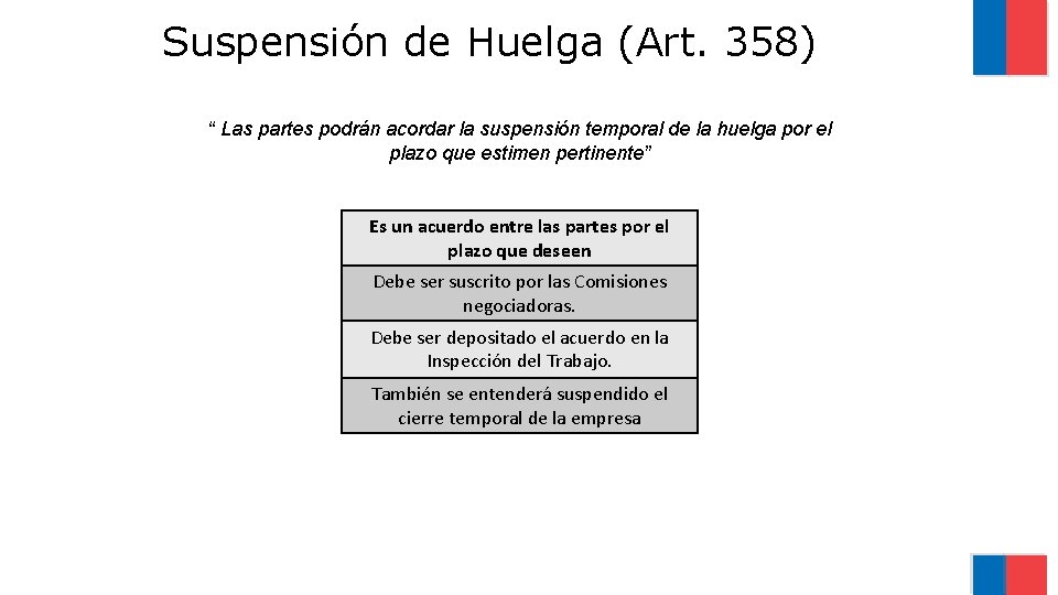 Suspensión de Huelga (Art. 358) “ Las partes podrán acordar la suspensión temporal de