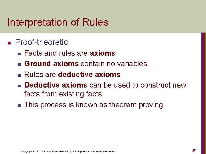 Interpretation of Rules n Proof-theoretic n n n Facts and rules are axioms Ground