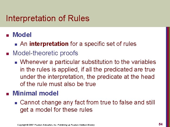 Interpretation of Rules n Model n n Model-theoretic proofs n n An interpretation for